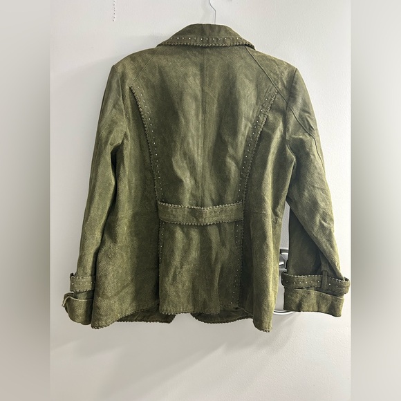 Bradley Bayou Blazer jacket Womens Large Green Leather Studded Woven Trim READ - Picture 3 of 9